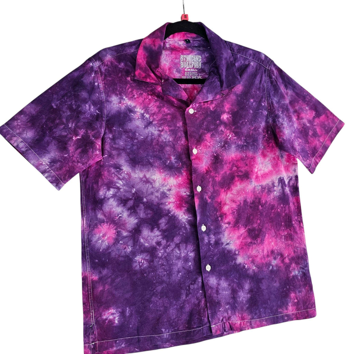 Purple and pink tie-dye button-up shirt with point collar and front buttons