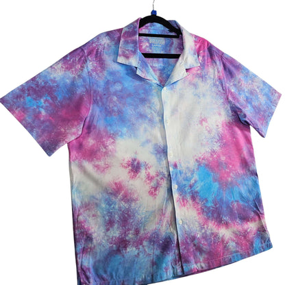 Tie-dye button-up shirt with collar, short sleeves, pink blue purple watercolor pattern