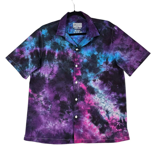 Purple and blue tie-dye short-sleeve button-up shirt, pointed collar and pink accents.