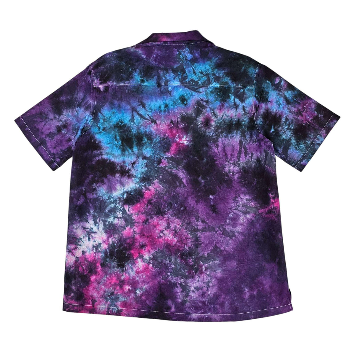 Purple, blue, and pink tie-dye short-sleeve shirt back view.