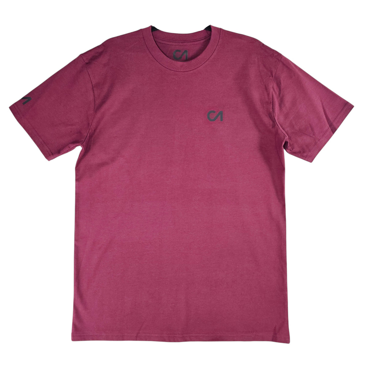 Berry maroon T-shirt with small chest logo and crew neckline