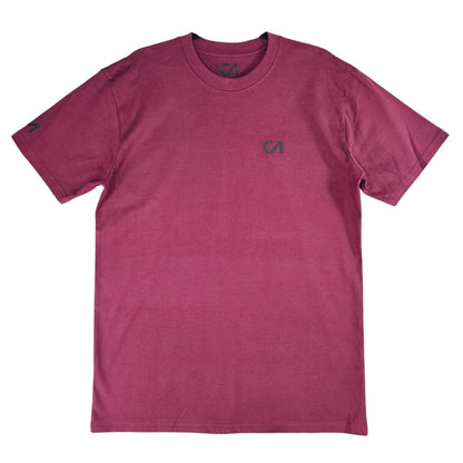 Berry maroon T-shirt with small chest logo and crew neckline