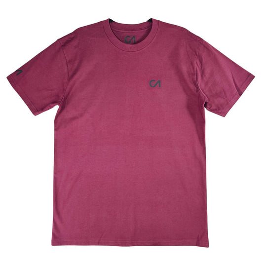 Berry maroon T-shirt with small chest logo and crew neckline