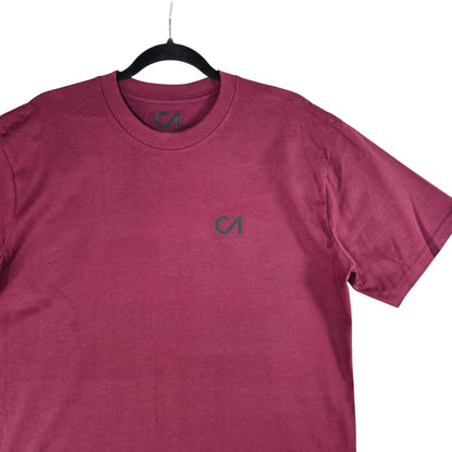 Berry maroon crew-neck T-shirt on a hanger with small chest logo