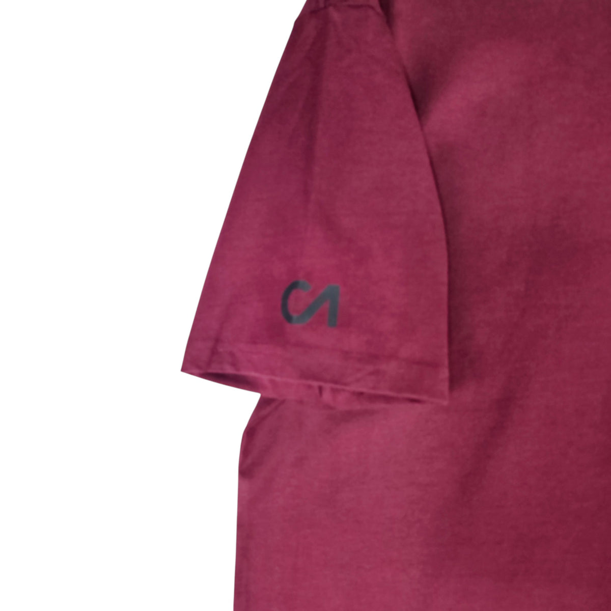 Berry maroon T-shirt sleeve showing small logo