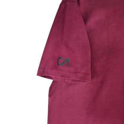 Berry maroon T-shirt sleeve showing small logo