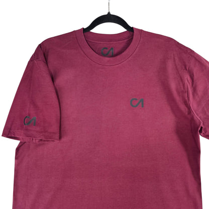 Berry maroon short-sleeve T-shirt with small chest logo and left sleeve logo
