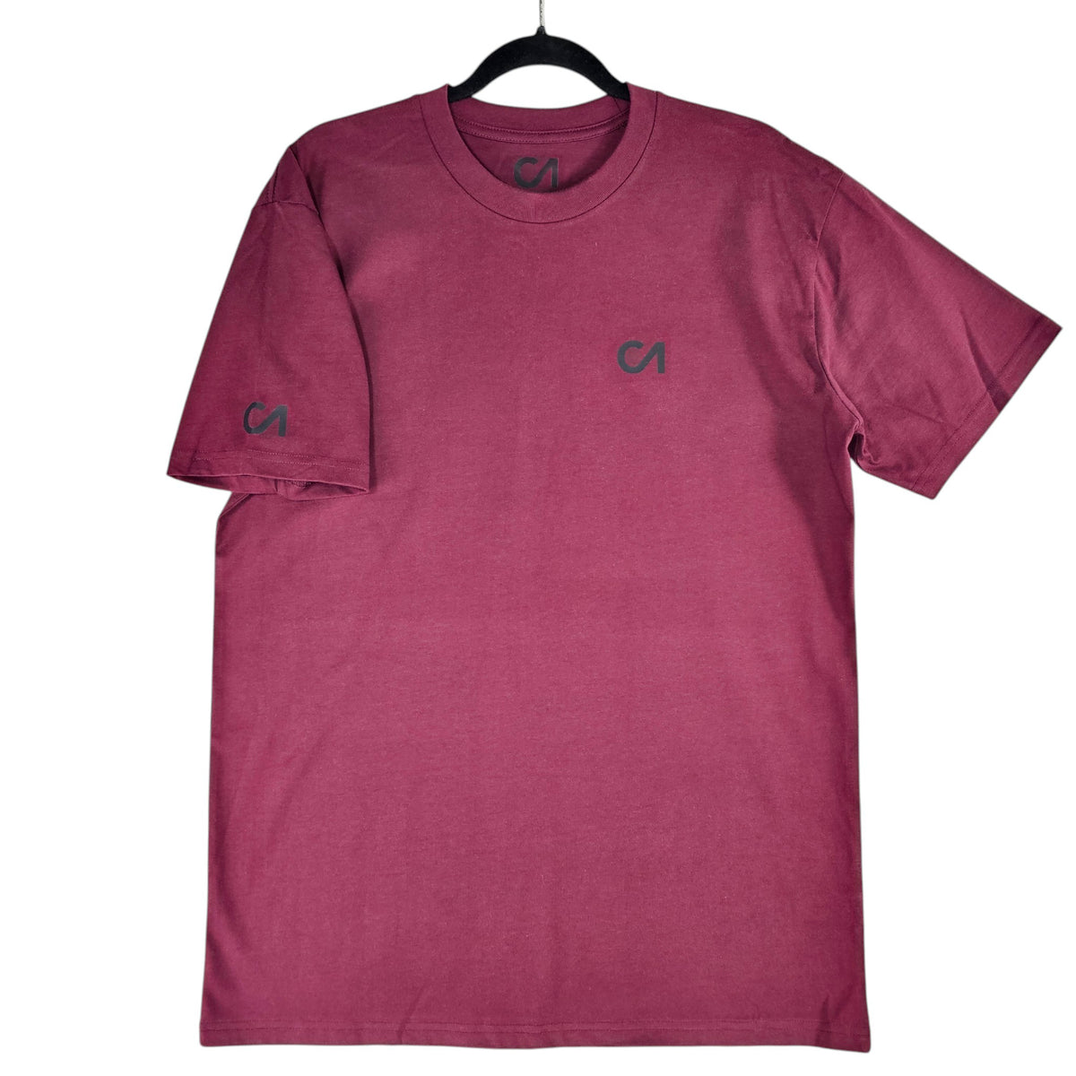 Berry maroon T-shirt with small chest logo and logo on left sleeve