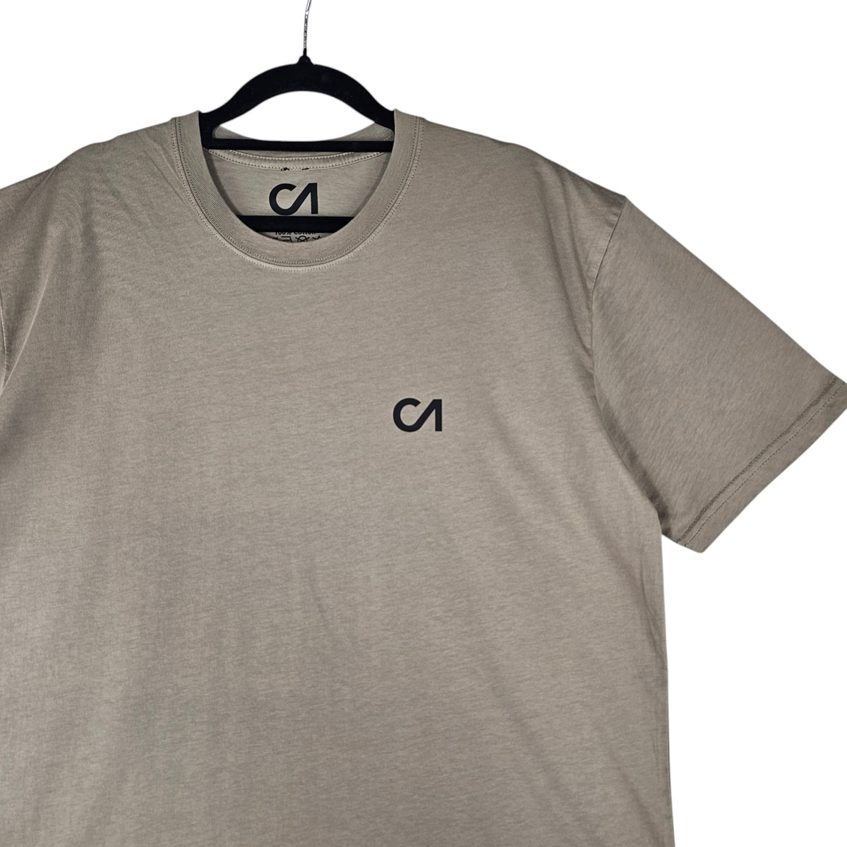 Grey crewneck t-shirt with centered CA logo on the front