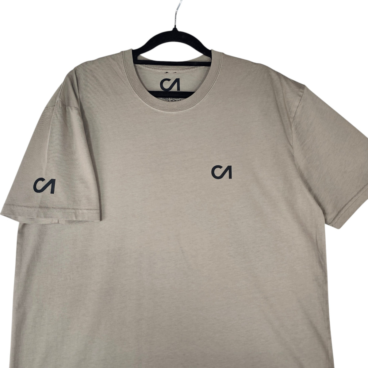 Grey crewneck t-shirt with CA logo on chest and left sleeve