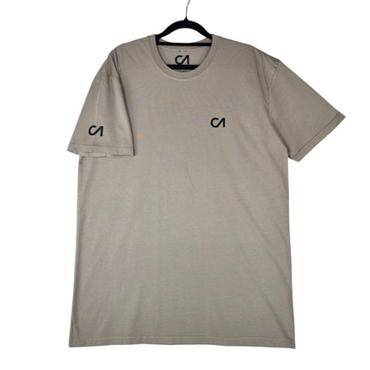 Grey crewneck t-shirt with CA logo prints on chest and sleeves
