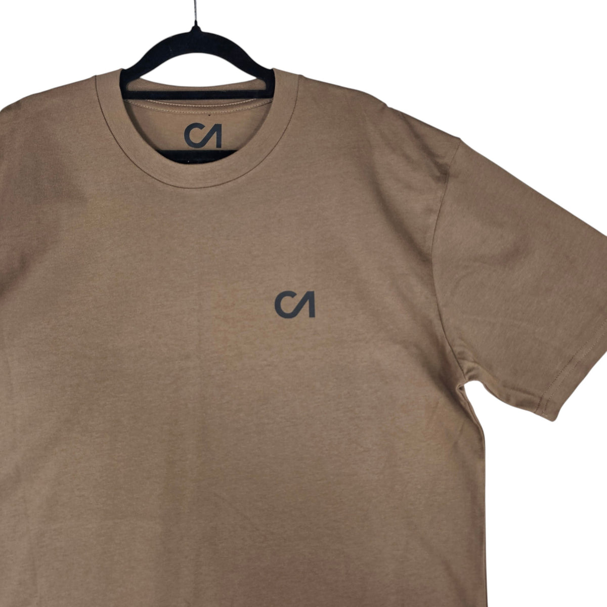 Walnut brown crewneck t-shirt with CA logo near center