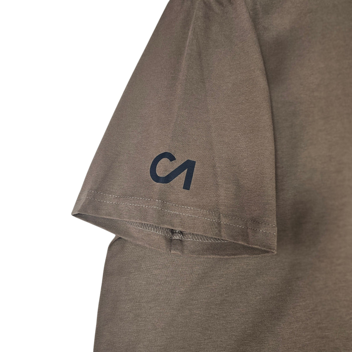 Walnut brown t-shirt hem detail with CA logo on lower sleeve