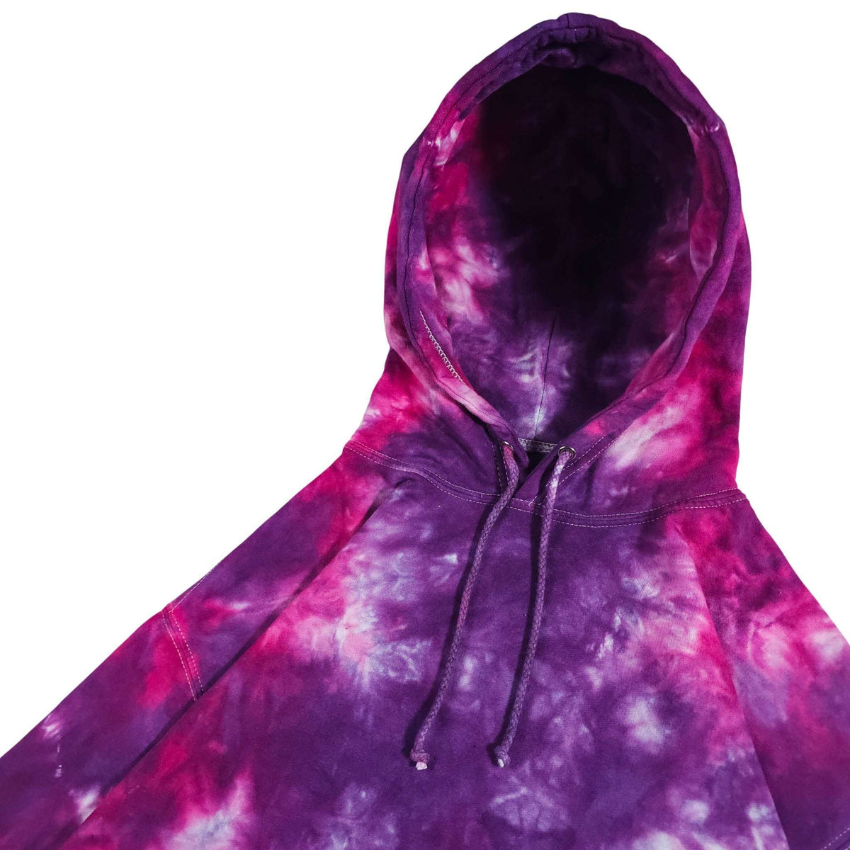 Tie-dye pullover hoodie with purple and pink swirl pattern, hood lining visible, drawstrings
