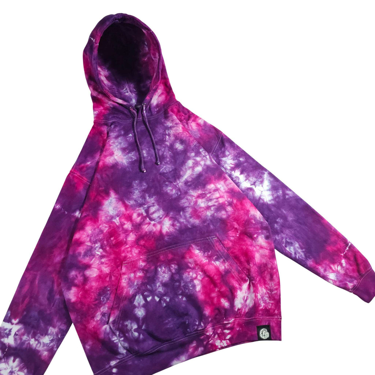 Tie-dye pullover hoodie in purple and pink swirls, hood, drawstring, kangaroo pocket