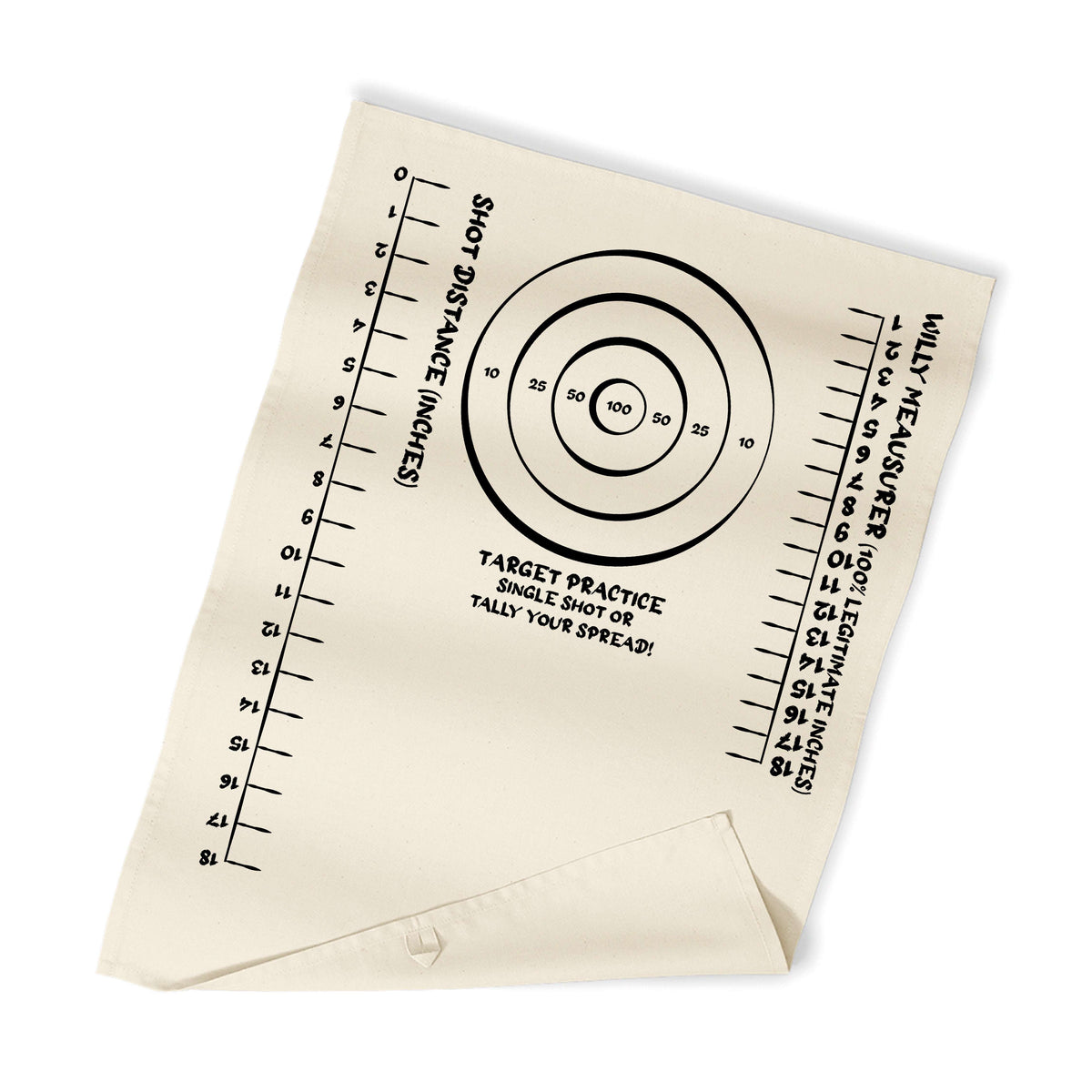 Beige target practice rag folded with bullseye circles and ruler-style scale marks