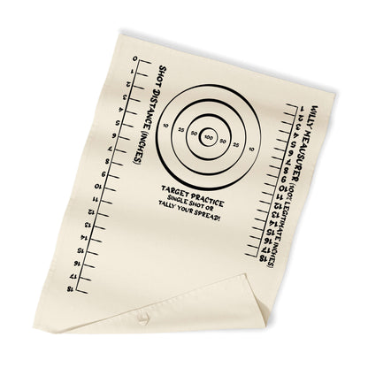 Beige target practice rag folded with bullseye circles and ruler-style scale marks