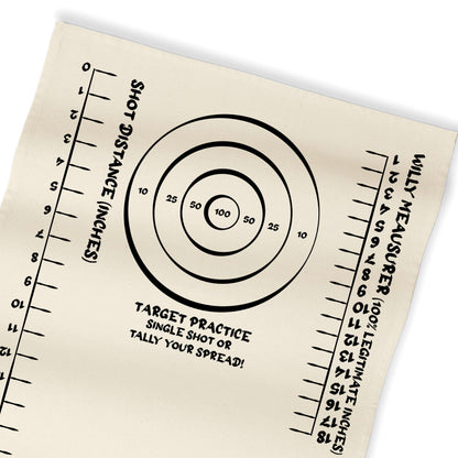 Beige target practice rag with bullseye circles, 'Target Practice' text, and scale marks