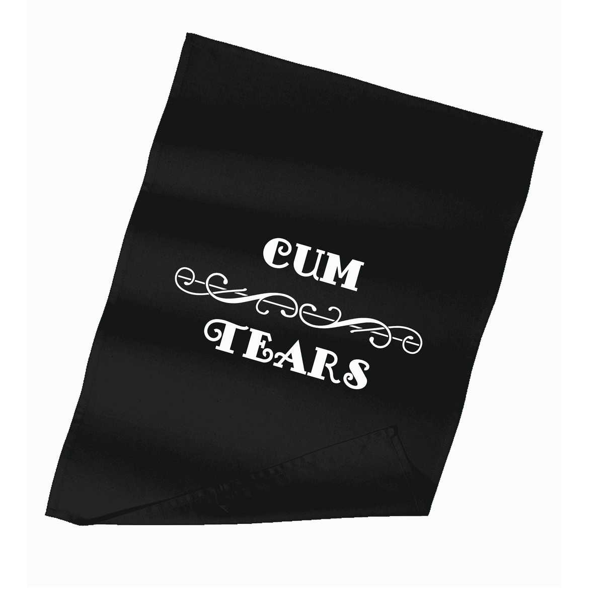 Black cloth rag with “CUM TEARS” logo in white text