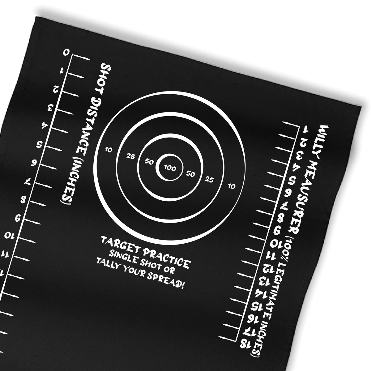 Black target practice rag detail with bullseye circles and 'Target Practice' text