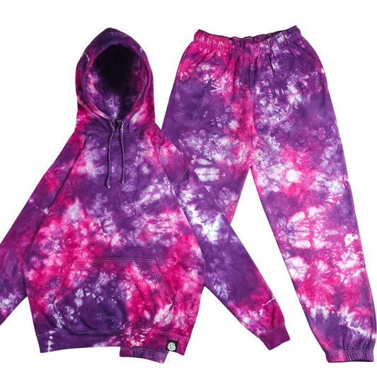 Purple and pink tie-dye hoodie with drawstring and matching jogger pants set