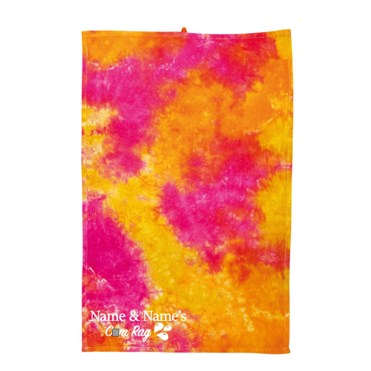 Tie-dye cloth in orange and pink with printed 'Name & Name's' logo
