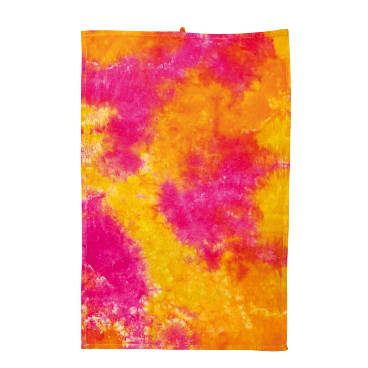 Tie-dye tea towel with pink and orange swirl pattern, top hanging loop