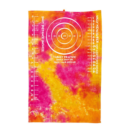 Tie-dye target practice rag in orange, yellow, and pink with circular target graphic and rulers