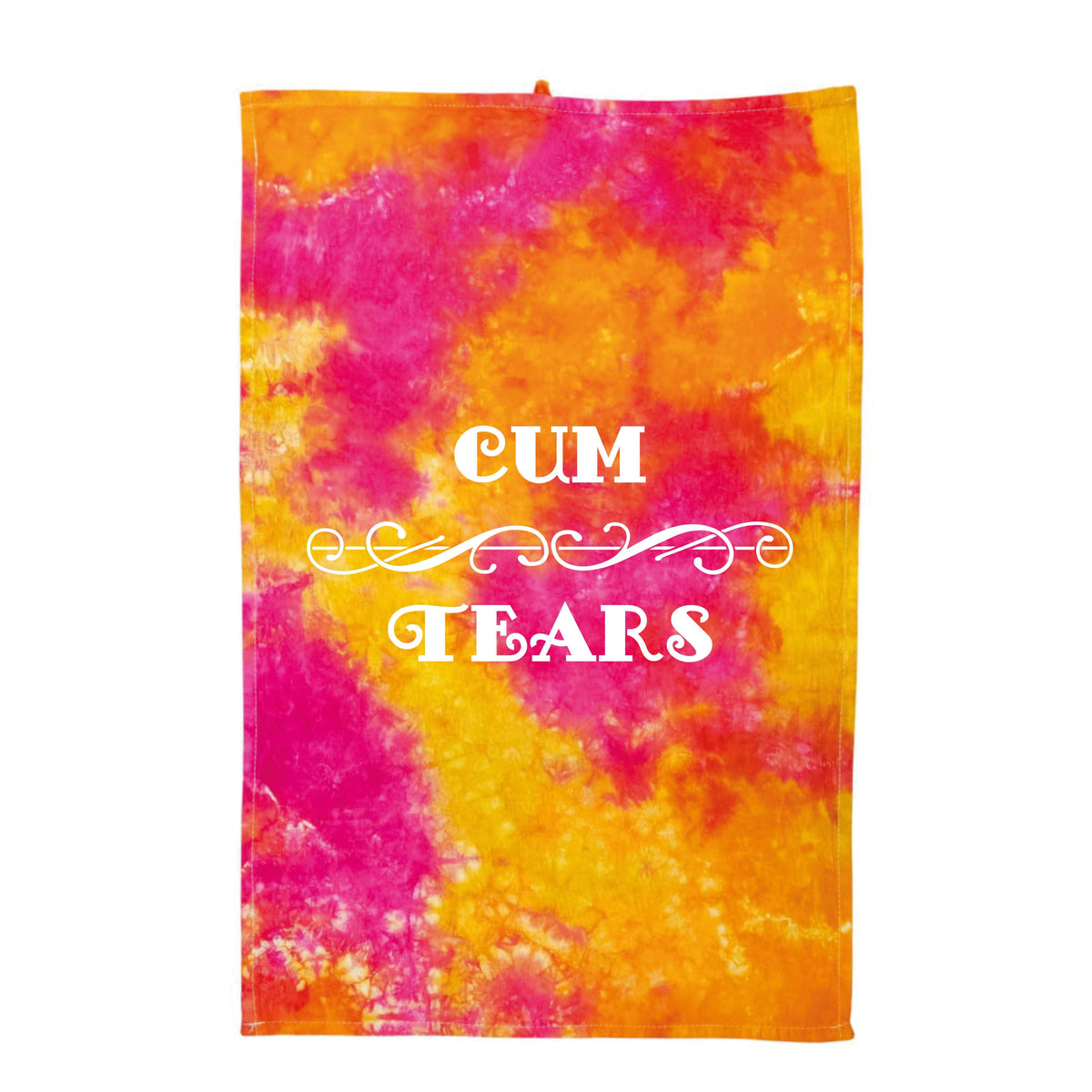 Tie-dye rag towel in orange and pink, with 'CUM TEARS' front print
