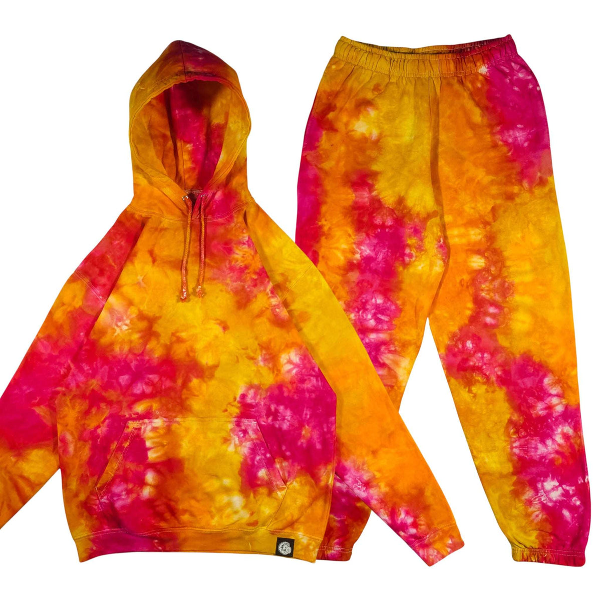 Tie-dye hoodie with kangaroo pocket and jogger pants set, orange and magenta