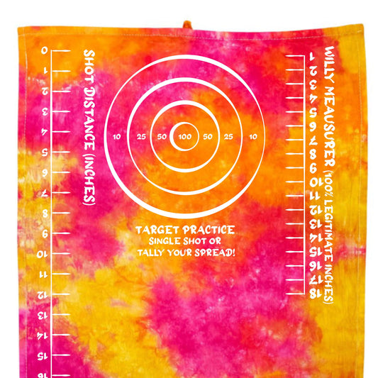 Tie-dye target practice rag in orange, pink, and yellow with circular target graphic and rulers