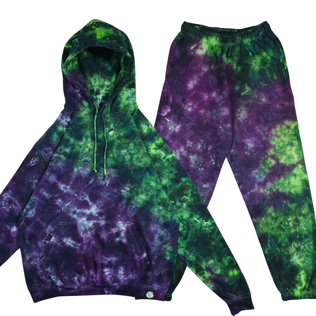 Green and purple tie-dye hoodie and jogger tracksuit set, drawstring hood and cuffed legs