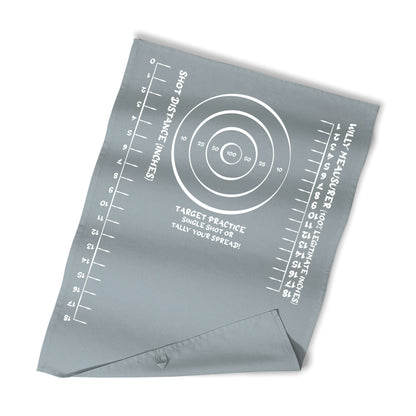 Grey target practice rag with bullseye circles and ruler-style scale on both sides