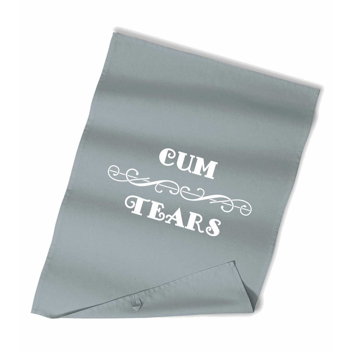 Grey cloth rag with “CUM TEARS” logo in white text