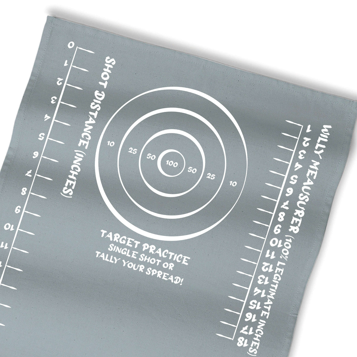 Grey target practice rag with bullseye circles, 'Target Practice' text, and scale marks