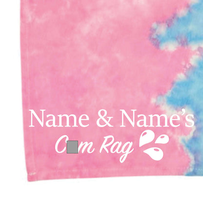 Tie-dye cloth with pink center and blue edge, printed 'Name & Name's' logo