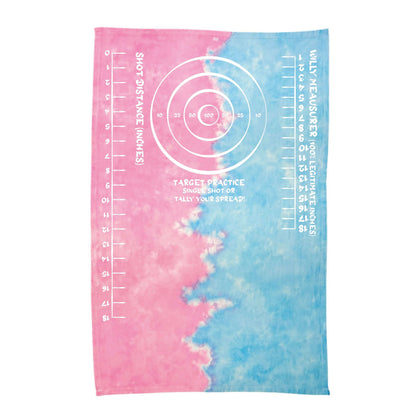 Tie-dye target practice rag in pink and blue with circular target graphic and rulers