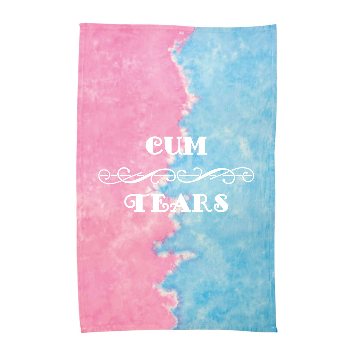 Tie-dye rag towel in pink and blue, with 'CUM TEARS' front print
