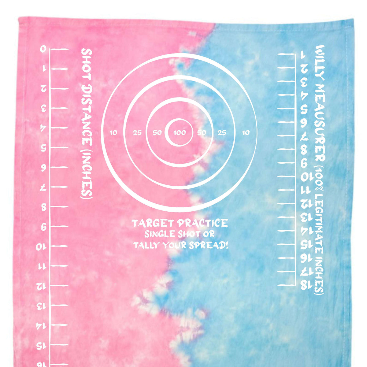 Tie-dye target practice rag in pink and light blue with circular target graphic and rulers