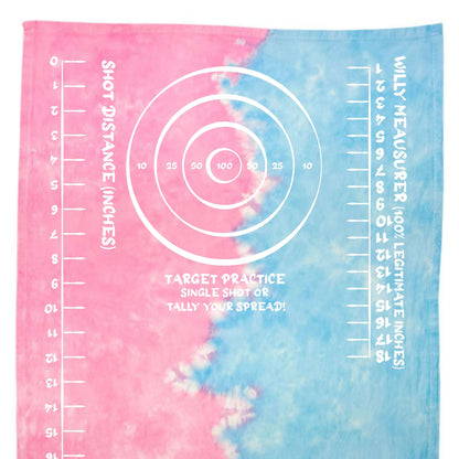 Tie-dye target practice rag in pink and light blue with circular target graphic and rulers