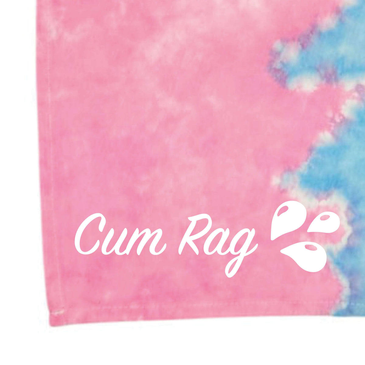 Tie-dye rag close-up with pink fabric and light-blue edge contrast, stitched