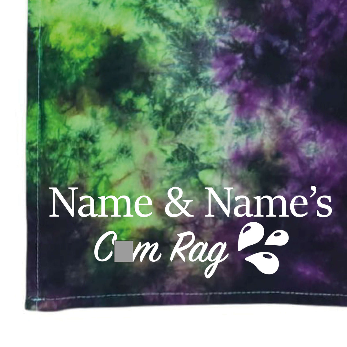Tie-dye cloth in green and purple with printed 'Name & Name's' logo