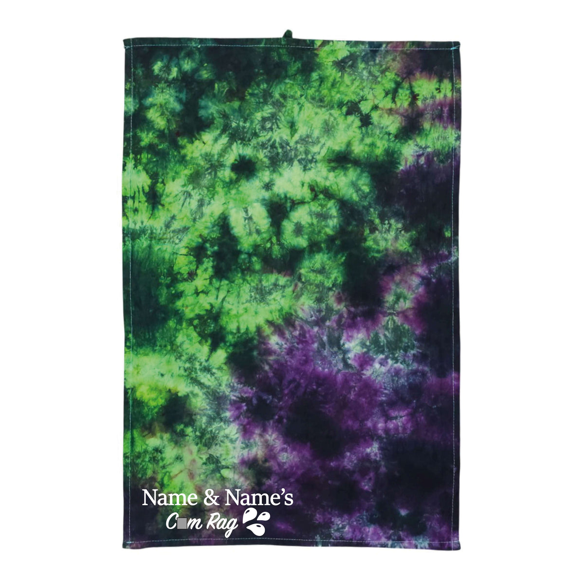 Rectangular tie-dye cloth in neon green and deep purple with printed 'Name & Name's' logo
