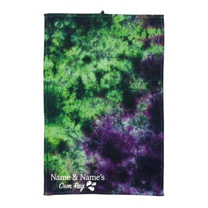 Rectangular tie-dye cloth in neon green and deep purple with printed 'Name & Name's' logo
