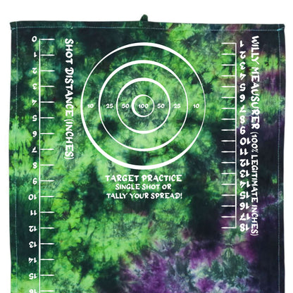 Tie-dye target practice rag in dark green and purple with circular target graphic and rulers