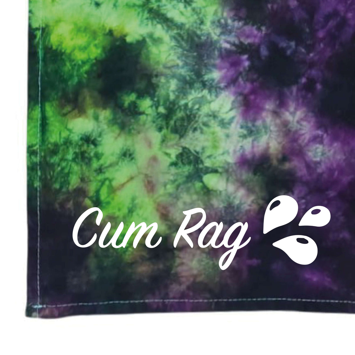 Tie-dye rag with green and purple swirled sections, stitched edges