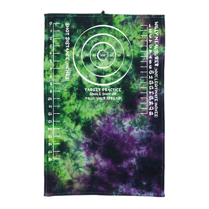 Tie-dye target practice rag in green and purple with circular target graphic and rulers