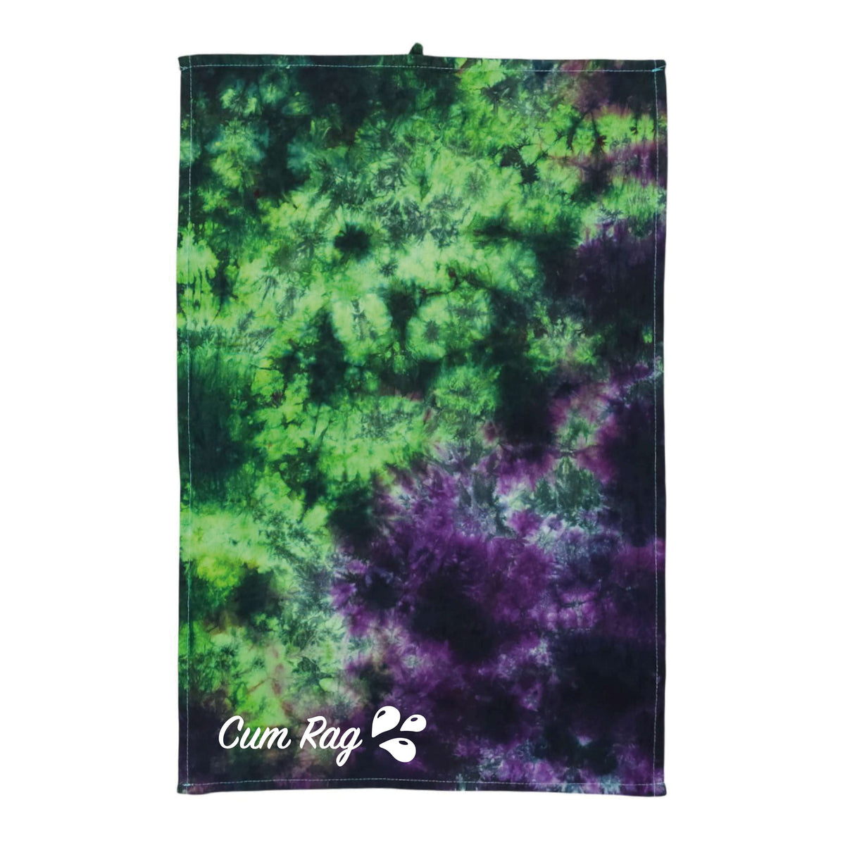 Tie-dye rag with green top and dark purple bottom swirls, stitched edges