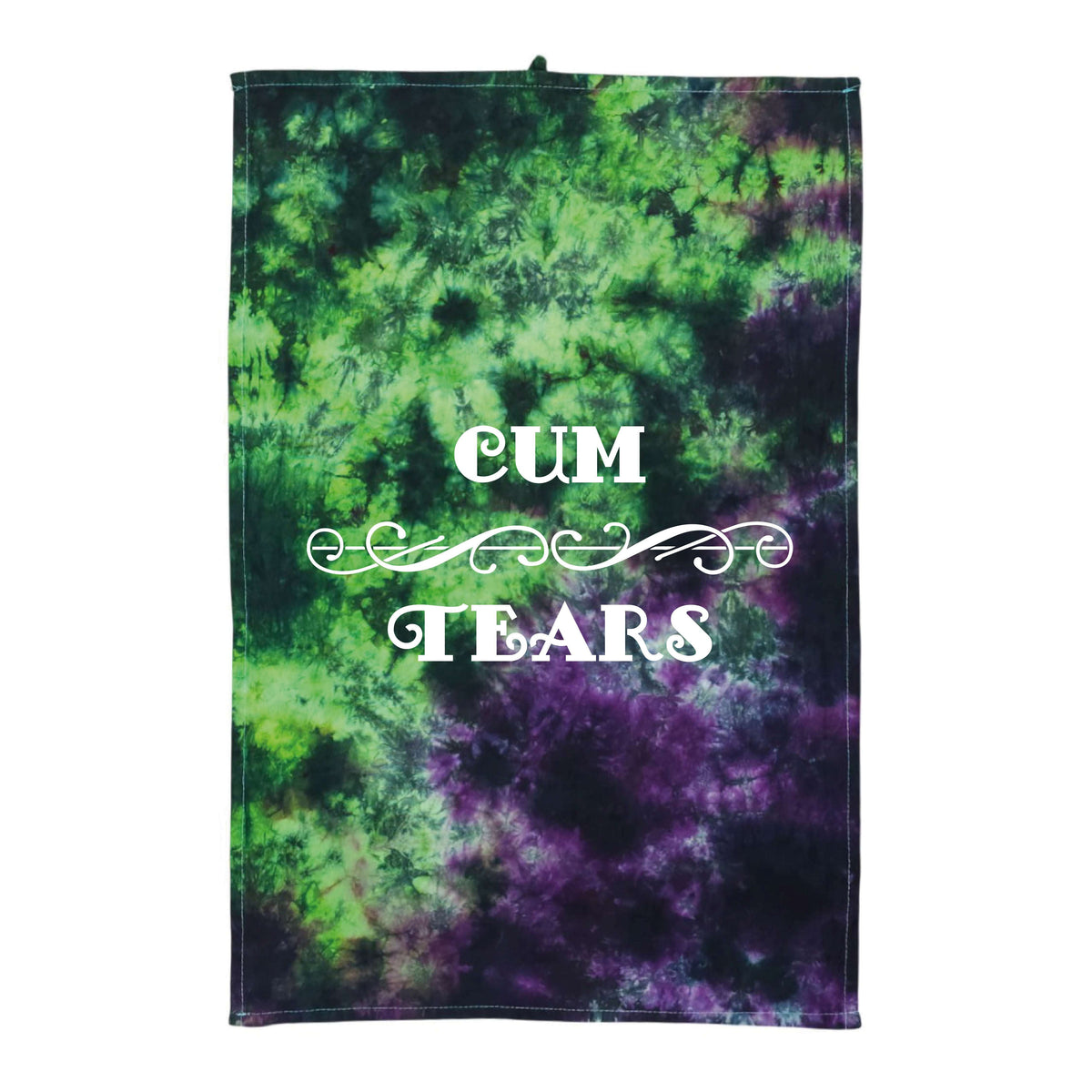 Tie-dye rag towel in green and purple, with 'CUM TEARS' front print