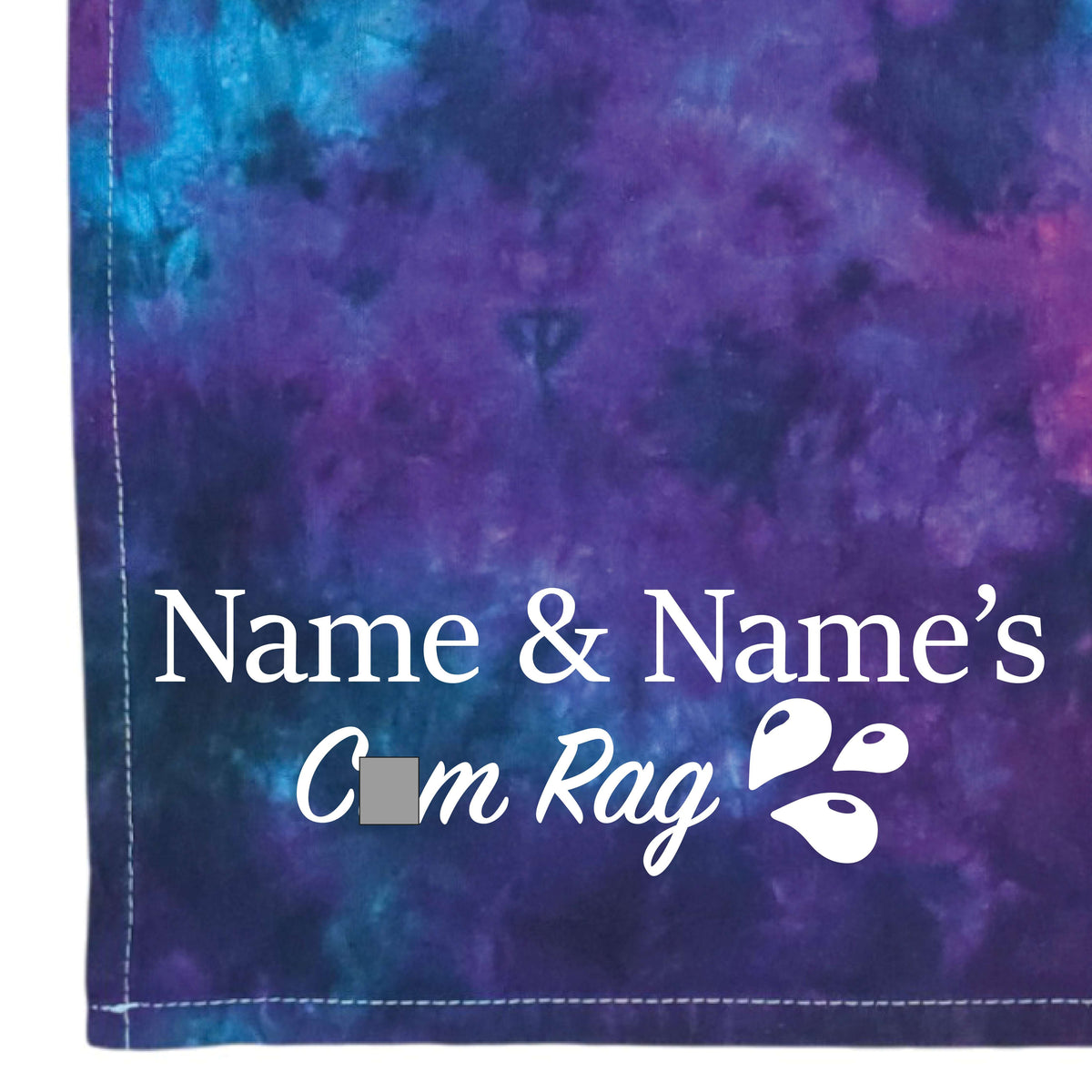 Tie-dye cloth in purple with dark blue accents and printed 'Name & Name's' logo